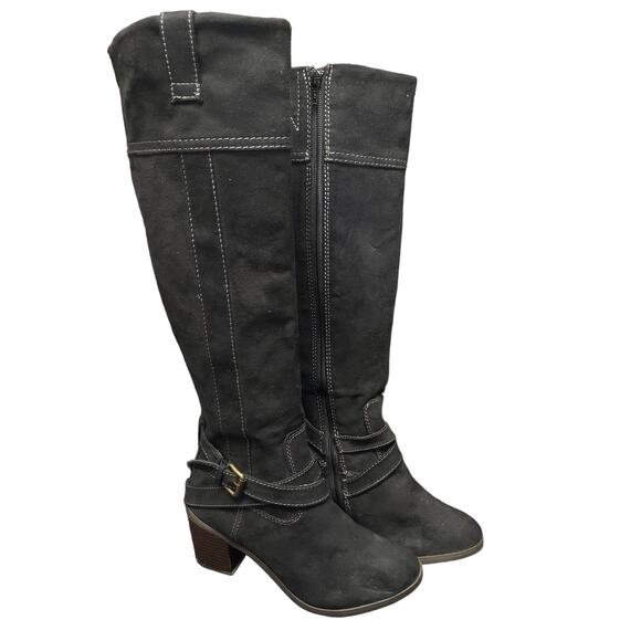 new directions Shoes - New Direction Black Suede Like Material Buckle Harness Strap High Heel Boots